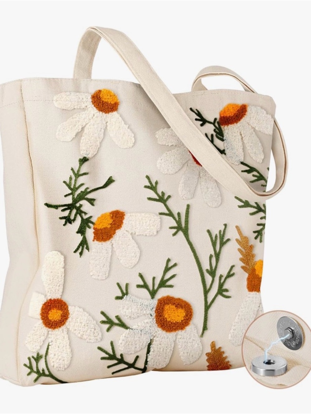 NEW Embroidered Daisy Canvas Tote Bag - Cream